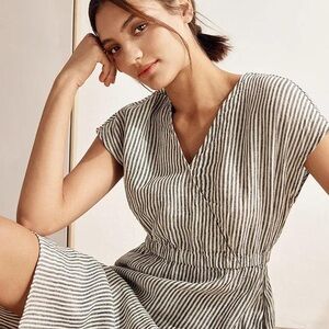 100% Linen Striped Black and White Midi Dress with Elastic Waistband